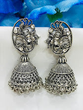 Elegant Oxidized Silver Colored Flower Design Jhumka for Women