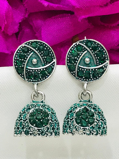 Beautiful Green Color Oxidized Stone And Print Worked Earrings