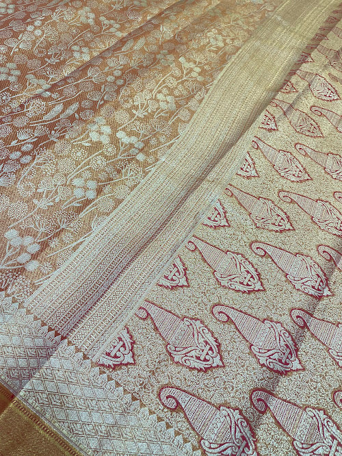 Copper Color Pure Kanchi Silk With Gold Zari Work Saree In Mesa