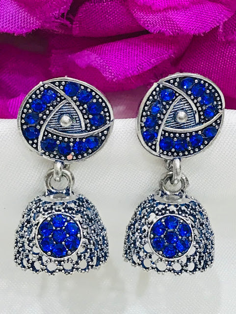 Beautiful Blue Color Oxidized Stone Worked Earrings