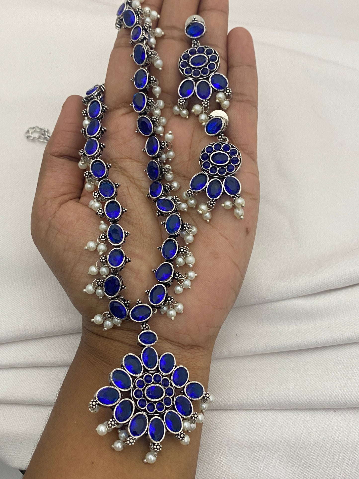  Blue Color Silver Toned Oxidized Kundan Style Long Chain With Earrings Near Me