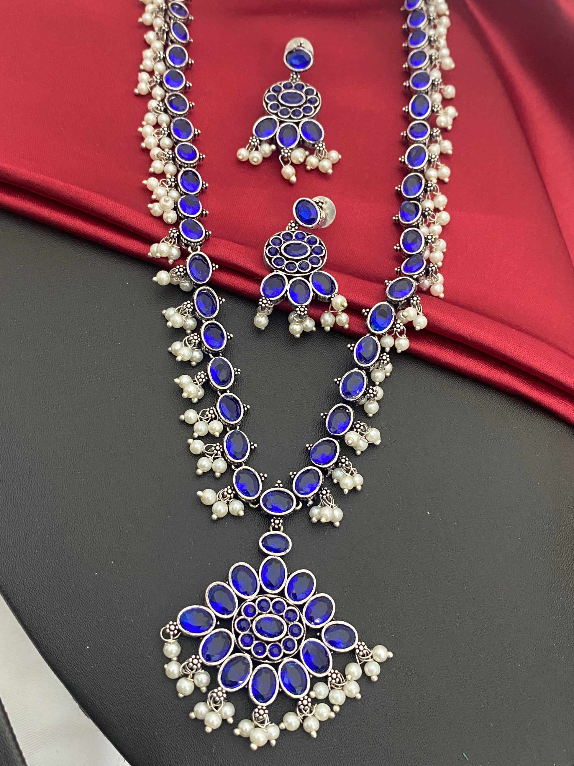 Blue Color Silver Toned Oxidized Kundan Style Long Chain in USA