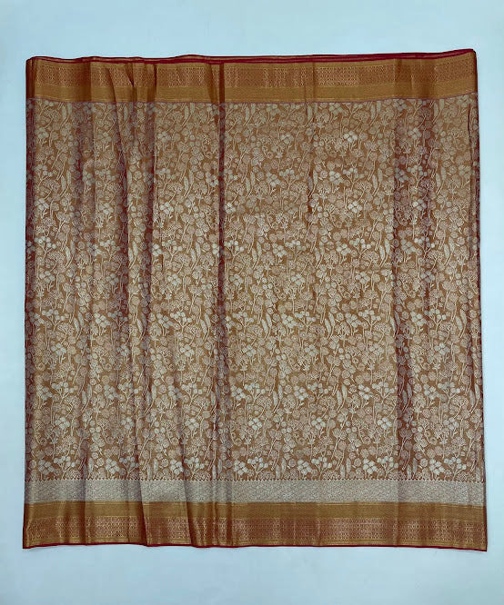 Copper Color Pure Kanchi Silk With Gold Zari Work Saree In Yuma
