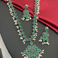 Elegant Emerald Stone Studded Ethnic Attigai German Silver Plated Oxidized Long Chain With Earrings