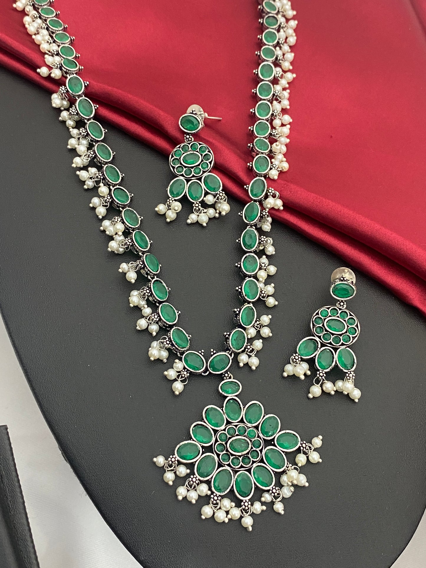 Elegant Emerald Stone Studded Ethnic Attigai German Silver Plated Oxidized Long Chain With Earrings
