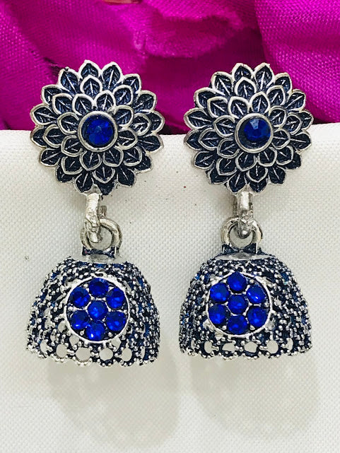 Beautiful Blue Color Oxidized Stone Worked Earrings