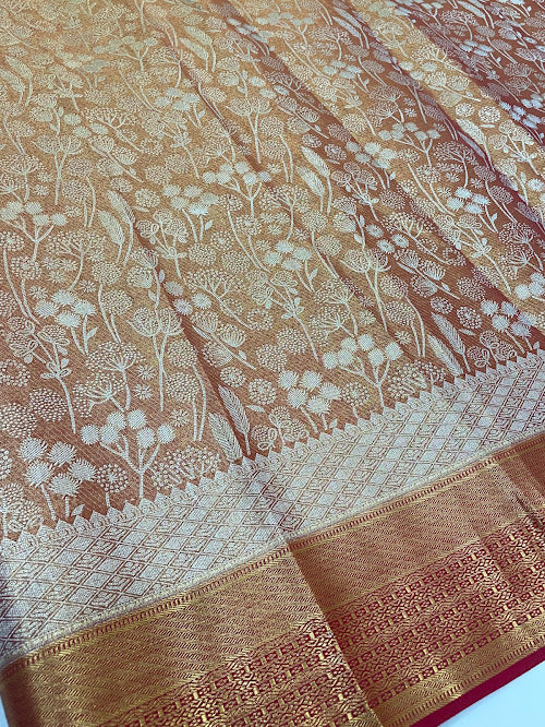 Copper Color Pure Kanchi Silk With Gold Zari Work Saree In Surprise