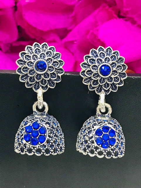 Blue Color Oxidized Stone Worked Earrings In USA