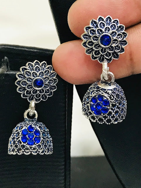 Beautiful Blue Color Oxidized Stone Worked Earrings Near Me