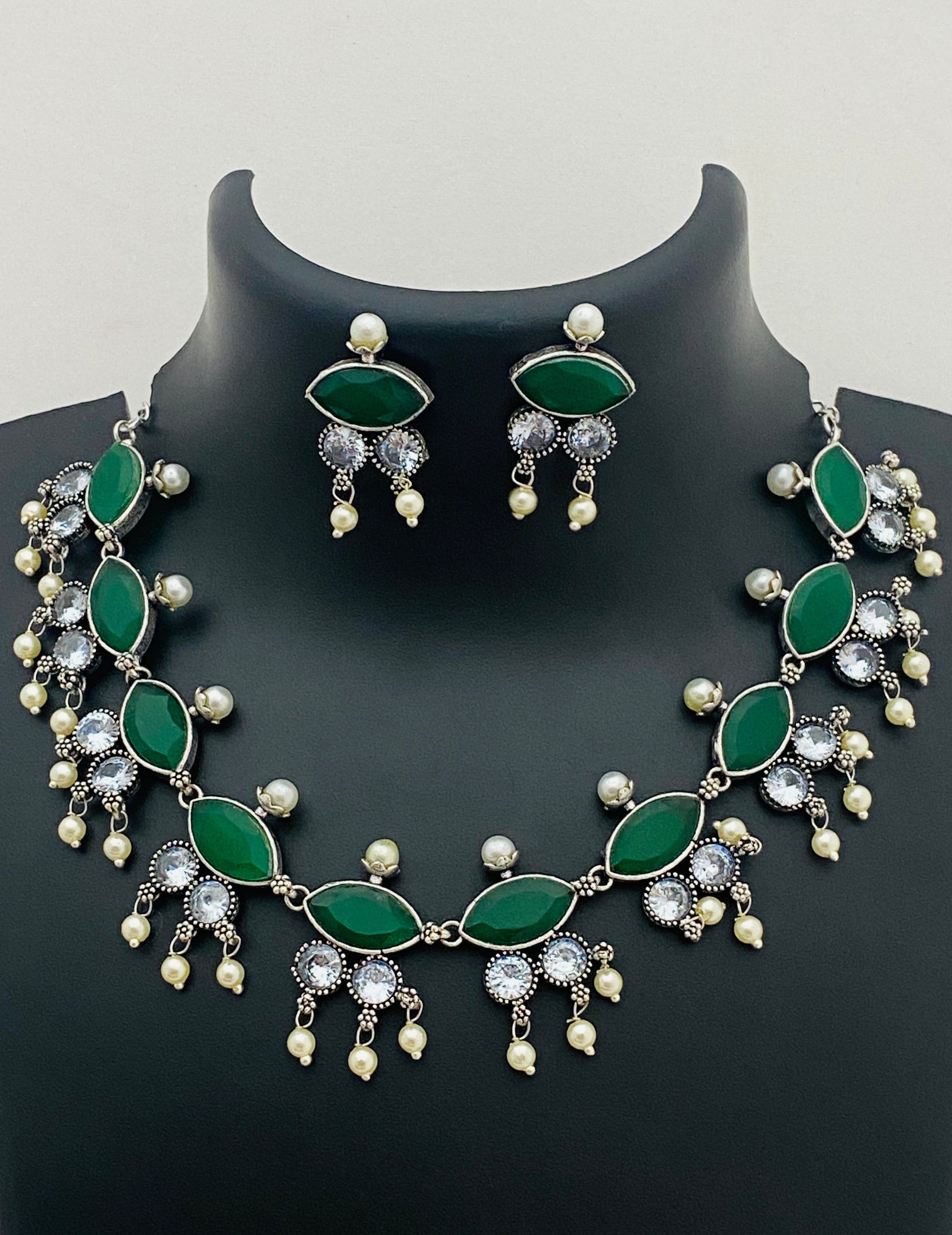 Emerald Designer Oxidized Necklace With Studded Earrings Near Me
