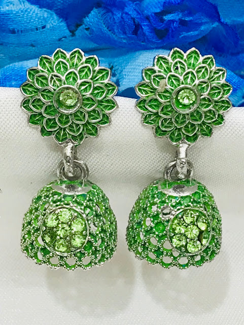 Dazzling Green Color Oxidized Printed Work Earrings