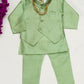 Attractive Pista Green Color Boys Kurta Pajama Set With Pearl Mala