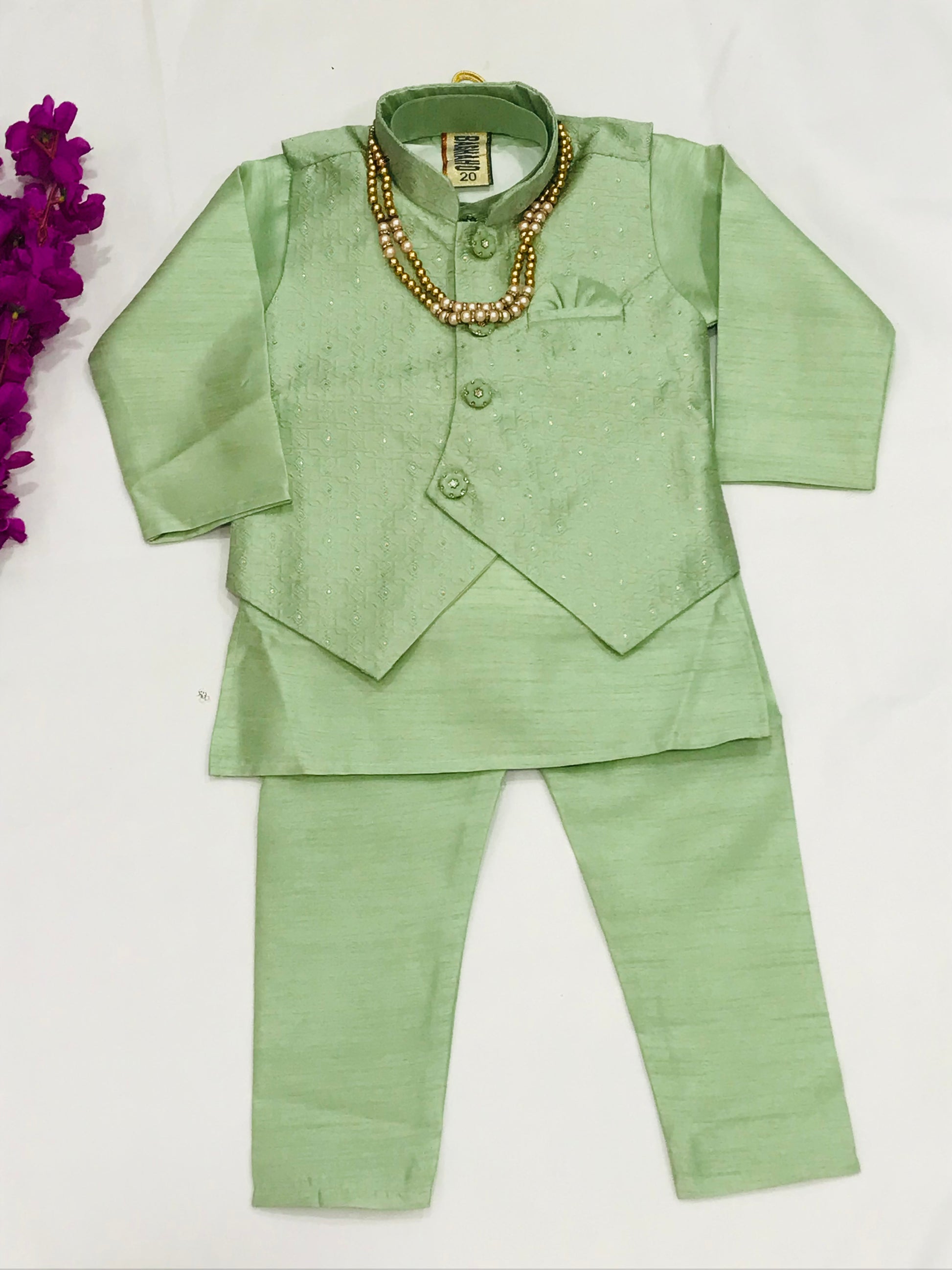 Attractive Pista Green Color Boys Kurta Pajama Set With Pearl Mala