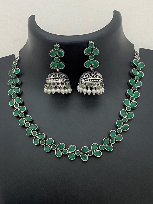 Traditional Oxidized German Silver Necklace With Earrings