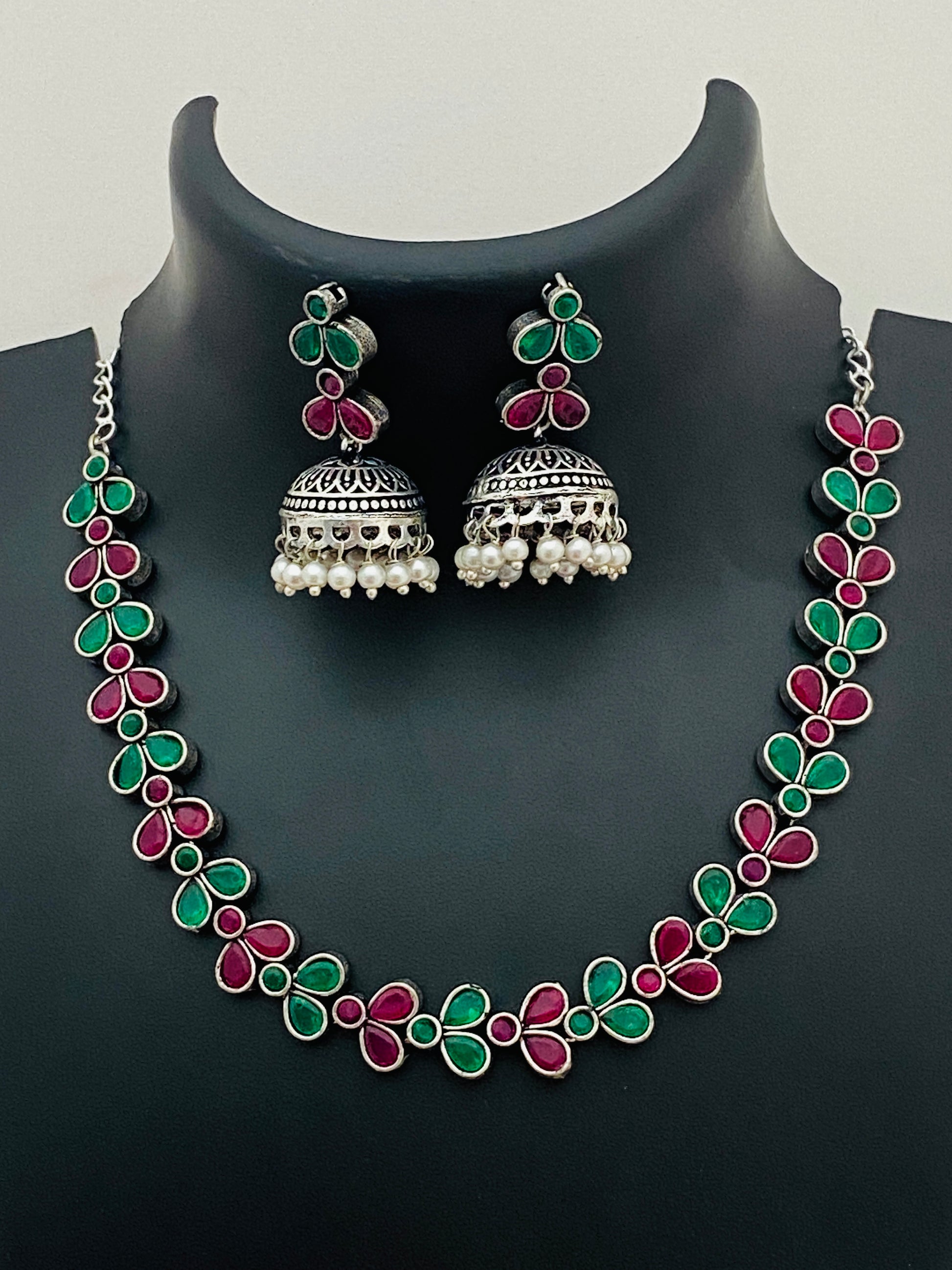 Leaf Design Multicolor Silver Oxidized Necklace With Jhumka Earrings Near Me