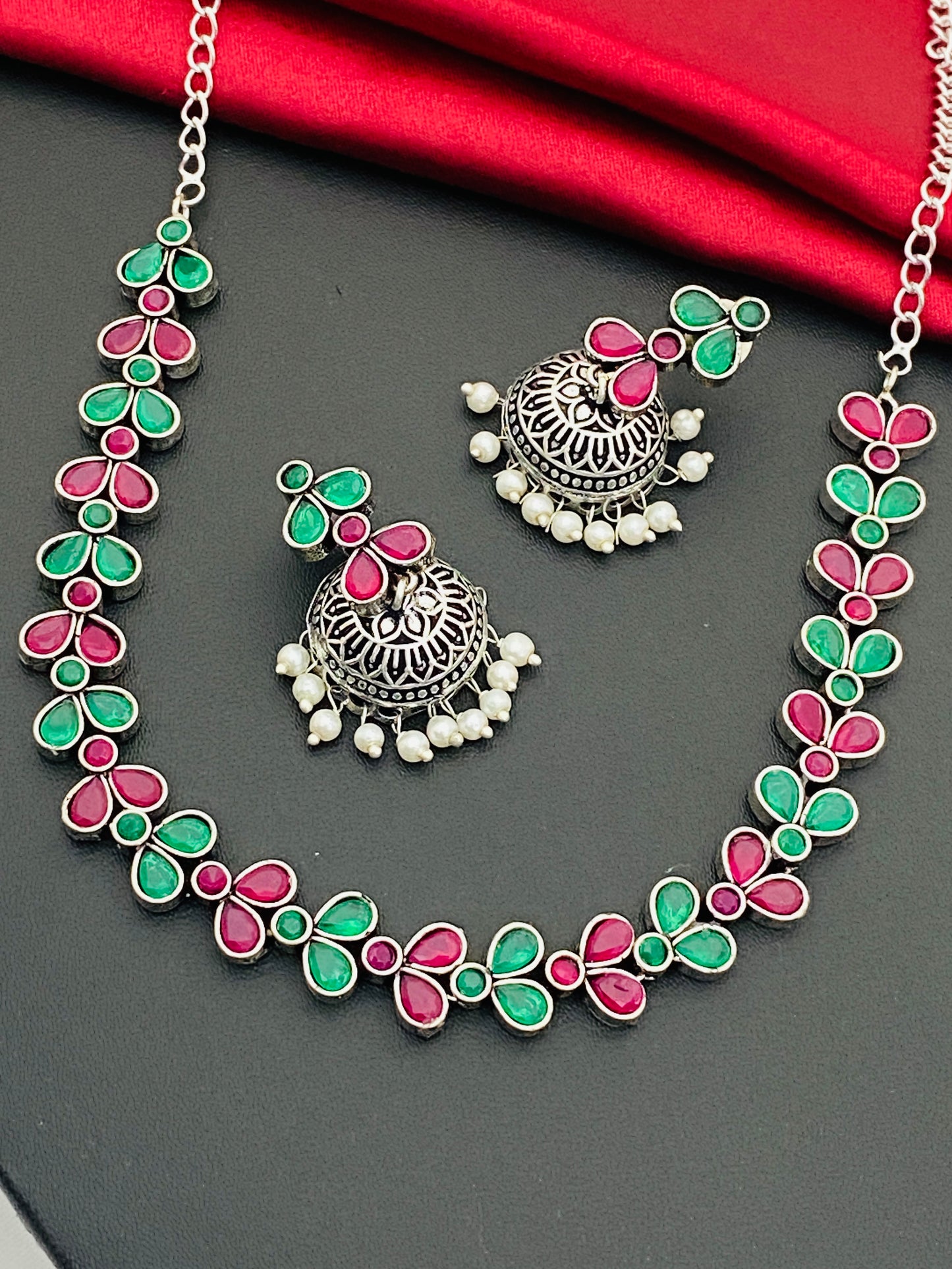 Silver Oxidized Necklace With Jhumka Earrings In USA