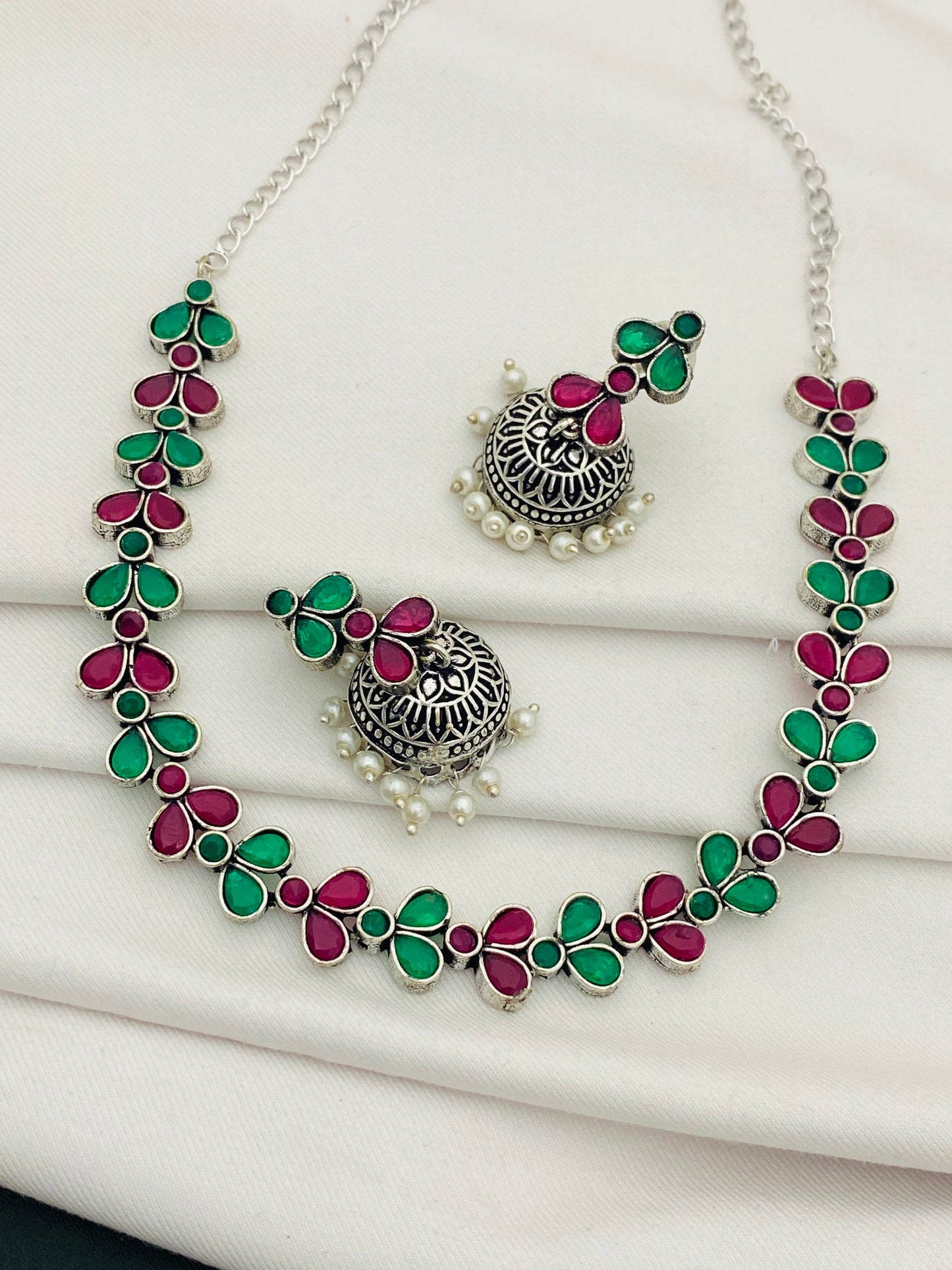Trendy Leaf Design Multicolor Silver Oxidized Necklace With Jhumka Earrings