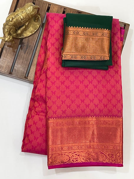 Attractive Pink Color Floral Motifs Art Silk Saree With Green Blouse For Women Near Me