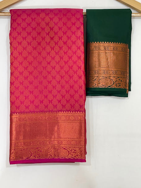 Attractive Pink Color Floral Motifs Art Silk Saree With Green Blouse In Mesa