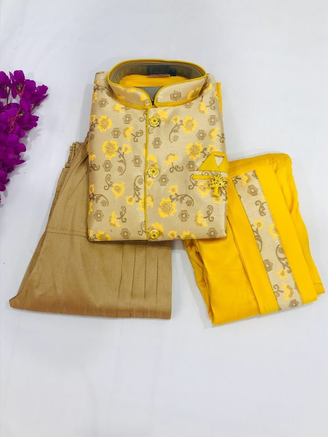 Graceful Yellow Ethnic Kids Dhoti Kurta With Jacket & Pajama Pants In Happy Jack