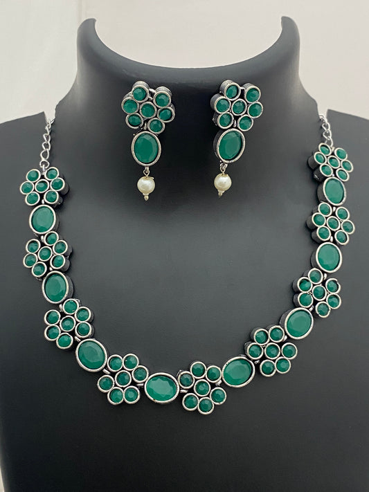 Traditional Emerald Oxidized German Silver Necklace With Earrings