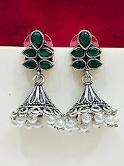 Dazzling Green Color Oxidized Jhumka Earrings For Women