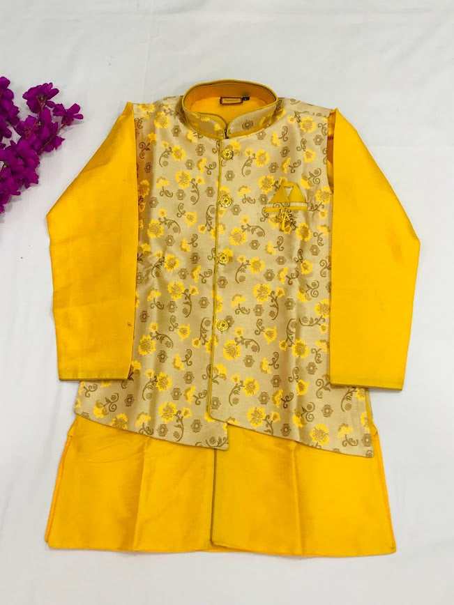 Graceful Yellow Ethnic Kids Dhoti Kurta With Jacket & Pajama Pants In USA