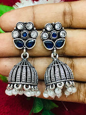 Dazzling Fabulous Blue Color Oxidized Jhumka Earrings For Women