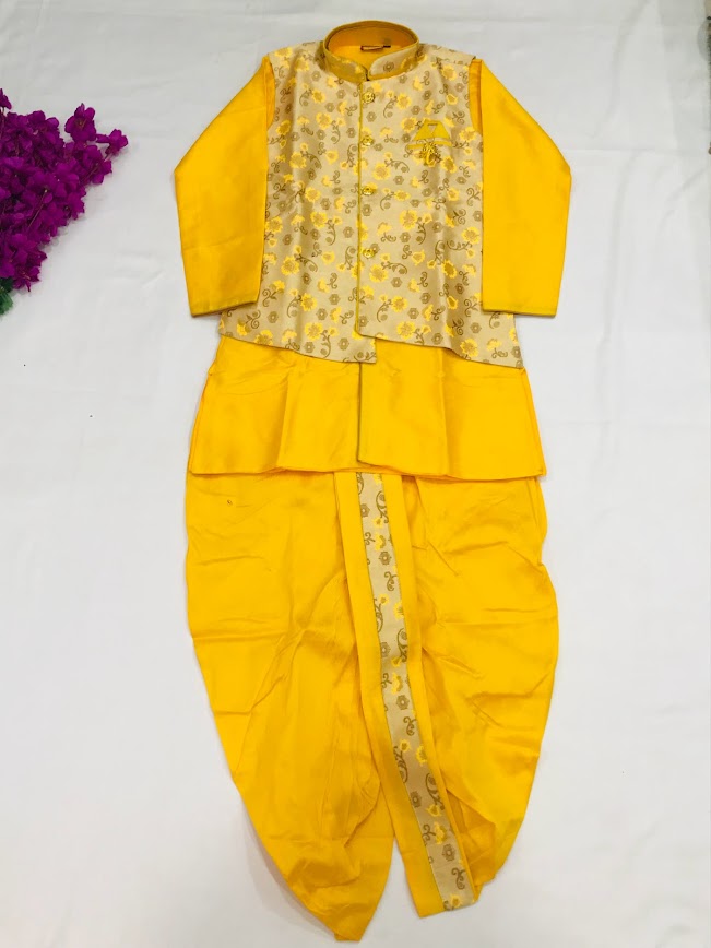 Graceful Yellow Ethnic Kids Dhoti Kurta With Jacket & Pajama Pants
