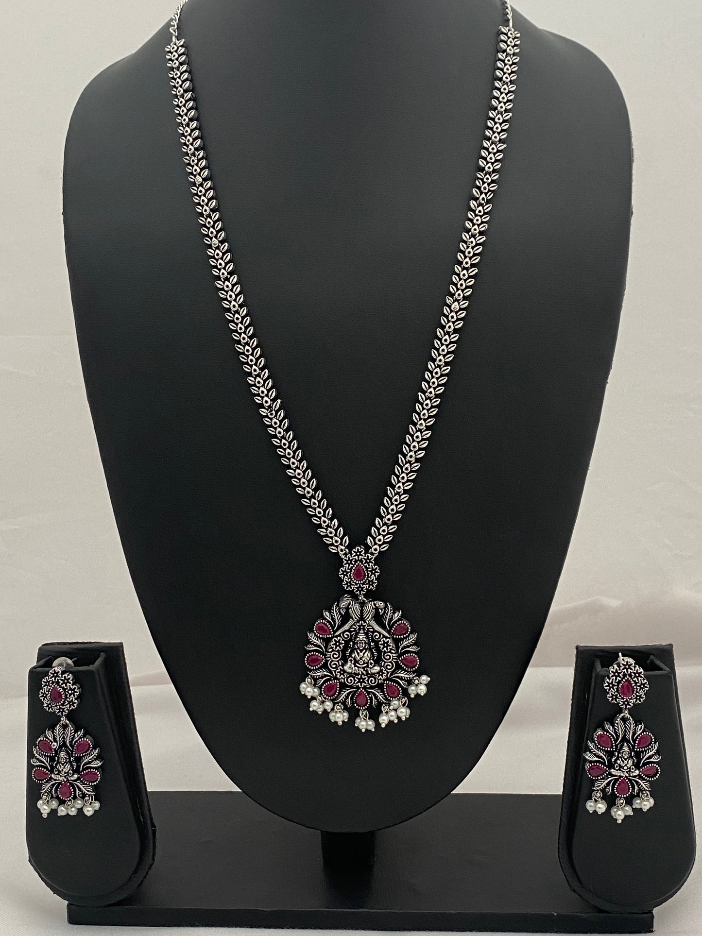 Stunning Oxidized Long Lakshmi Pendant Necklace With Earrings