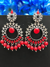 Charming Red Colored Oxidized Stone And Beads Worked Unique Designed Earrings