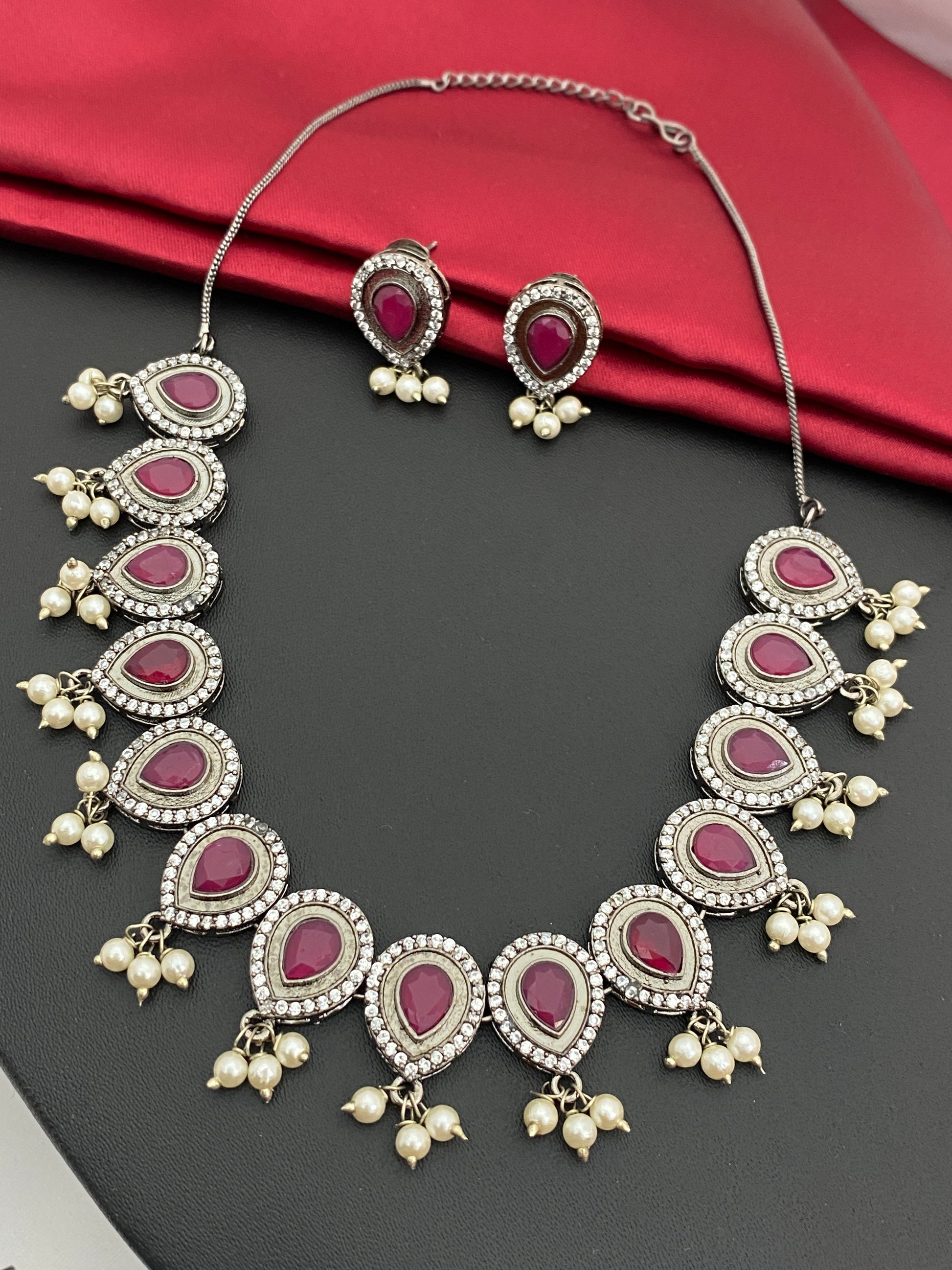 Gorgeous Ruby Stone Pearl Beaded Oxidized Silver Necklace Set With Earrings