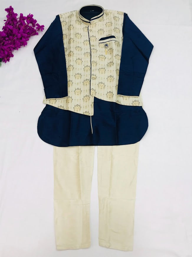 Charming Festive Kurta Dhoti & Printed Nehru Jacket Set Dark Blue And White In USA