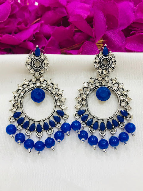 Graceful Oxidized Blue Color Beads Worked Earrings 