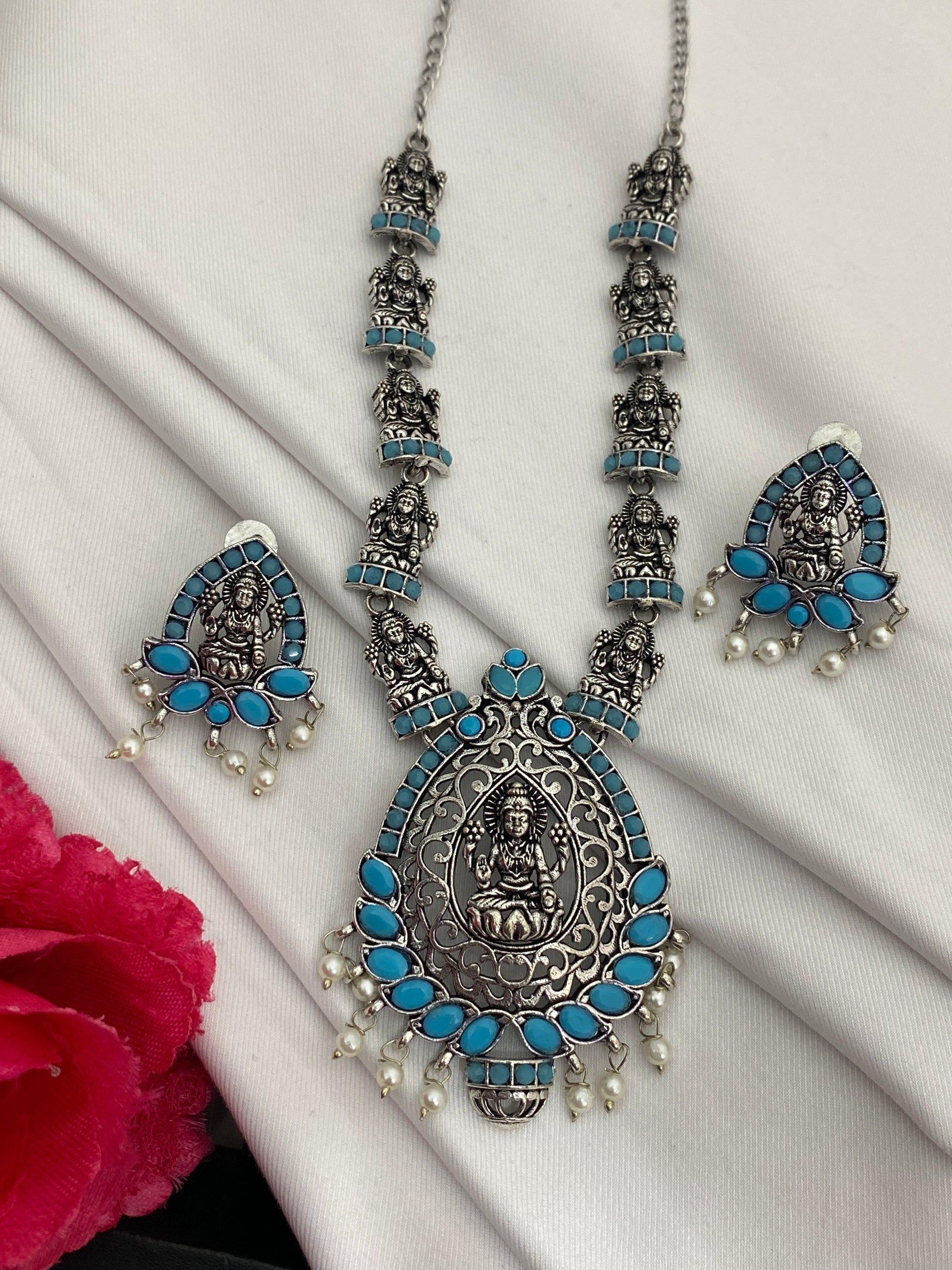 Blue Stone Studded Lakshmi Pendant Temple Jewelry Necklace Set in Paradise Valley