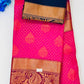 Attractive Dark Pink Color Floral Motifs Art Silk Saree With Blue Blouse For Women