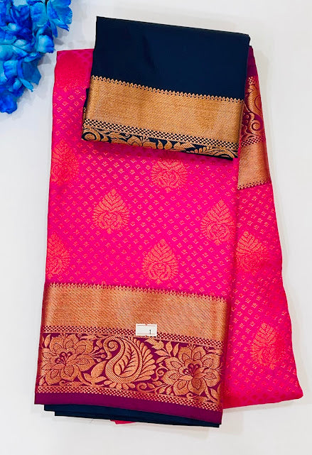 Attractive Dark Pink Color Floral Motifs Art Silk Saree With Blue Blouse For Women