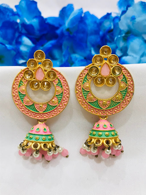 Beautiful Gold Plated Multicolored Printed Work Earrings