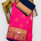  Dark Pink Color Floral Motifs Art Silk Saree With Blue Blouse In Near Me