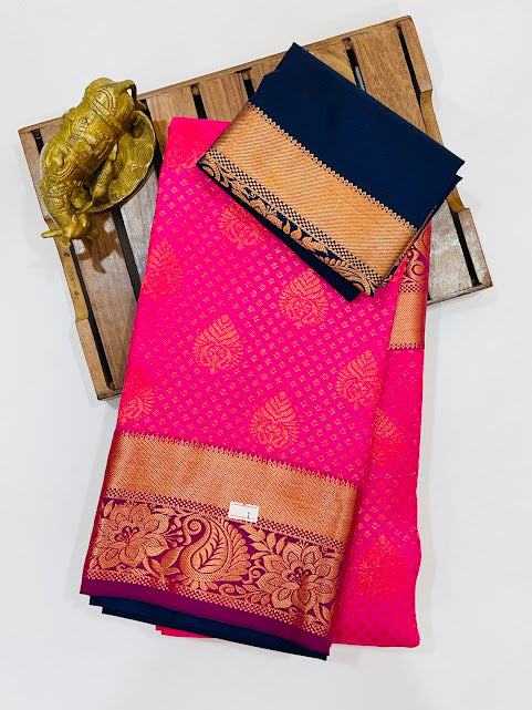  Dark Pink Color Floral Motifs Art Silk Saree With Blue Blouse In Near Me