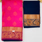 Elegant Dark Pink Color Floral Motifs Art Silk Saree With Blue Blouse In USA