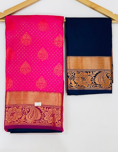 Elegant Dark Pink Color Floral Motifs Art Silk Saree With Blue Blouse In USA