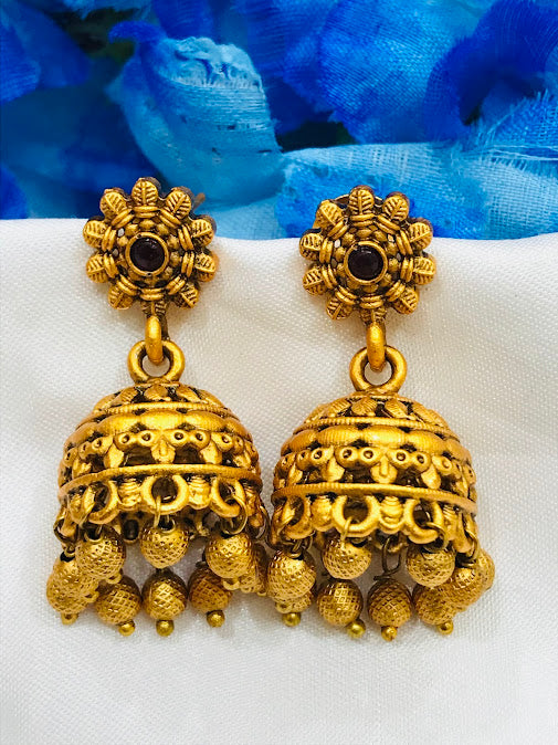 Fantastic Gold Plated Maroon Color Printed Work Earrings