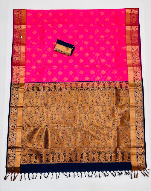 Dark Pink Color Floral Motifs Art Silk Saree With Blue Blouse In Yuma