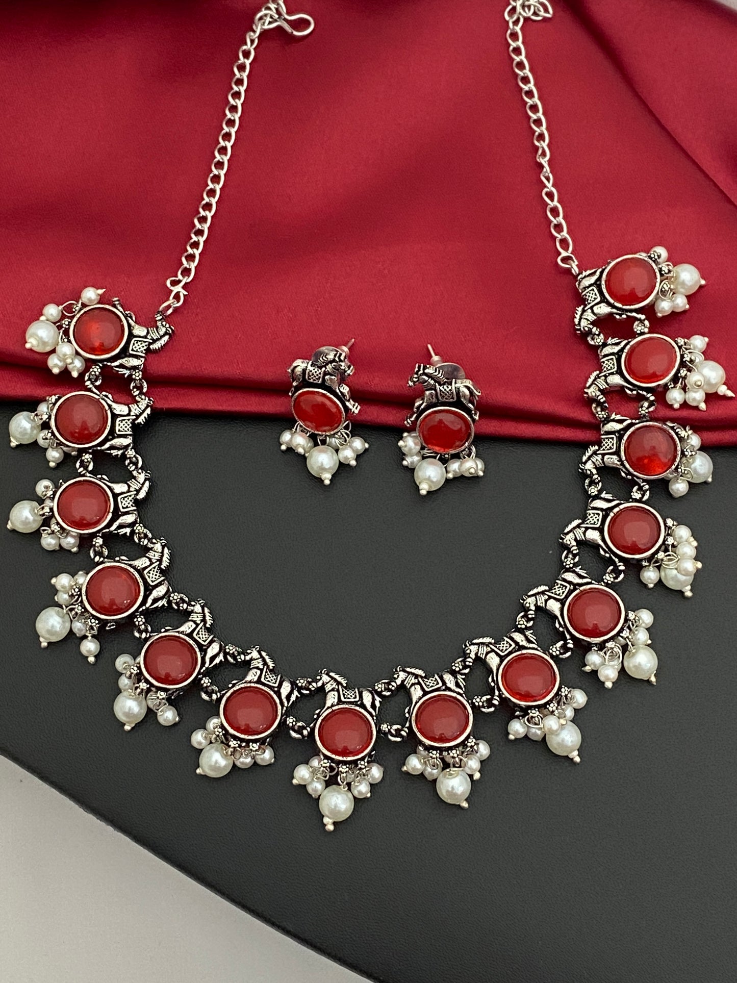 Red Stone Studded German Silver Oxidized Necklace Set Near Me