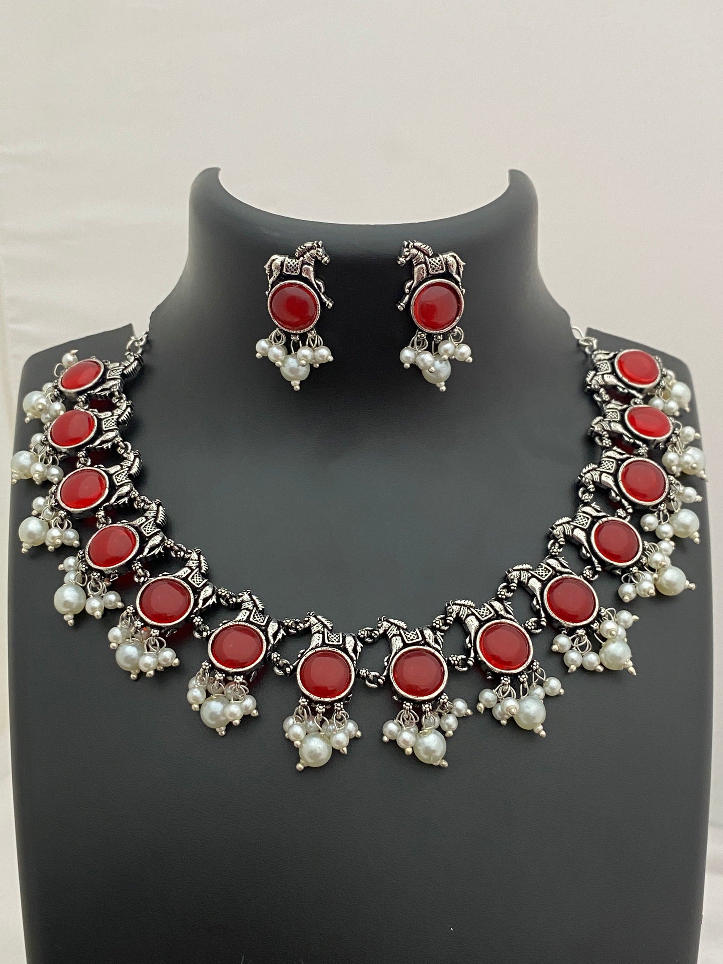  Red Stone Studded German Silver Oxidized Necklace Set With Unicorn Design in USA