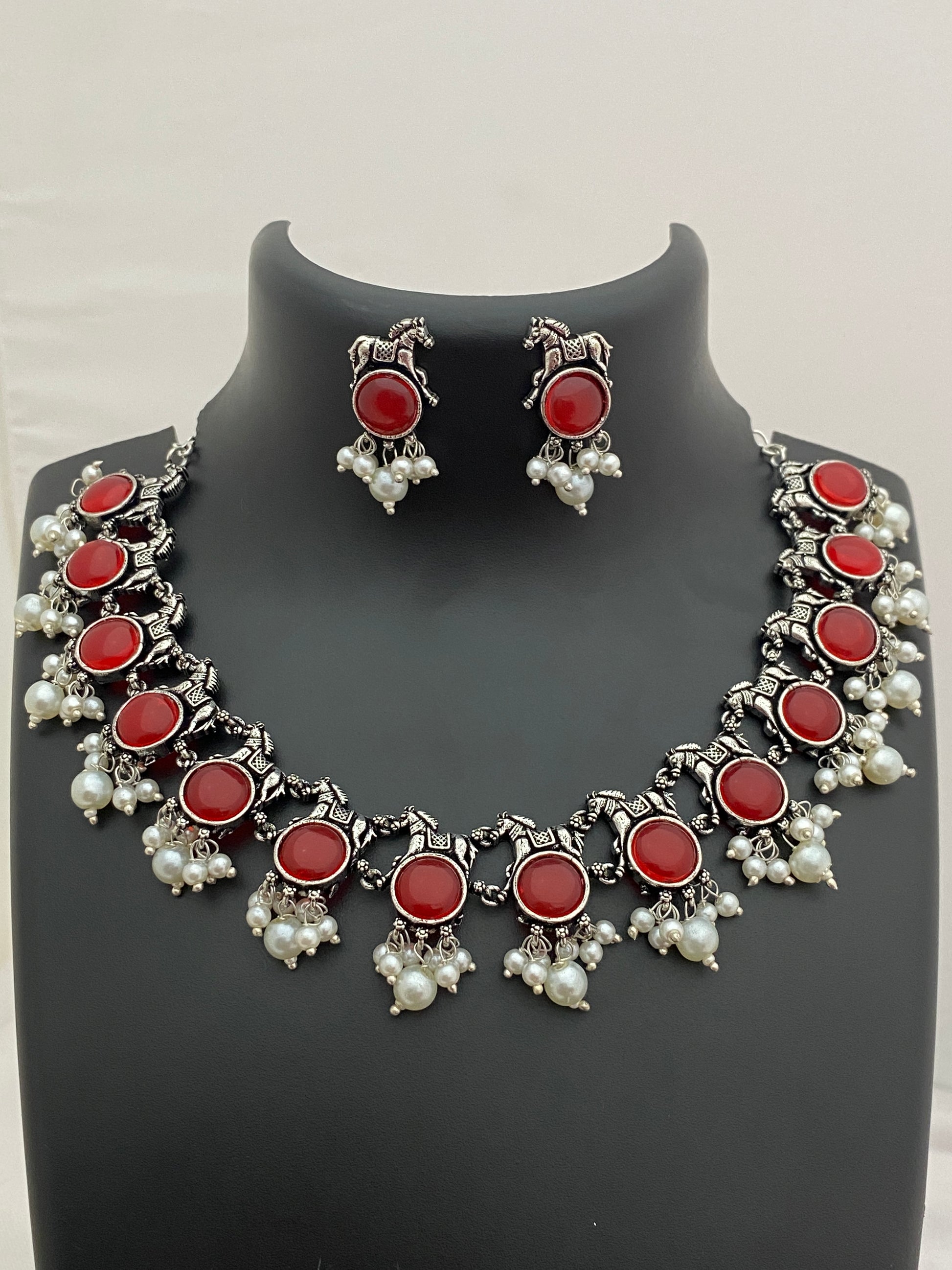  Red Stone Studded German Silver Oxidized Necklace Set With Unicorn Design in USA