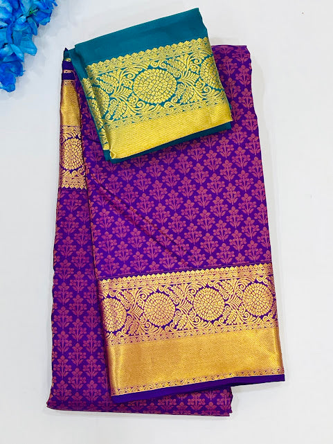 Charming Purple Color Floral Motifs Art Silk Saree With Gold Zari Work For Women - SILKMARK CERTIFIED