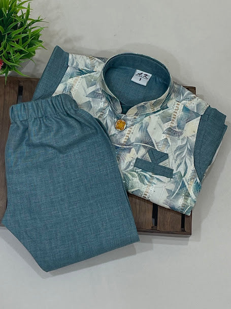 Teal Blue Color Cotton Sherwani Suits With Brooch Pin Near Me