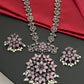Stunning Pink Color Floral Design And Pearl Beaded German Silver Oxidized Necklace Set With Earrings